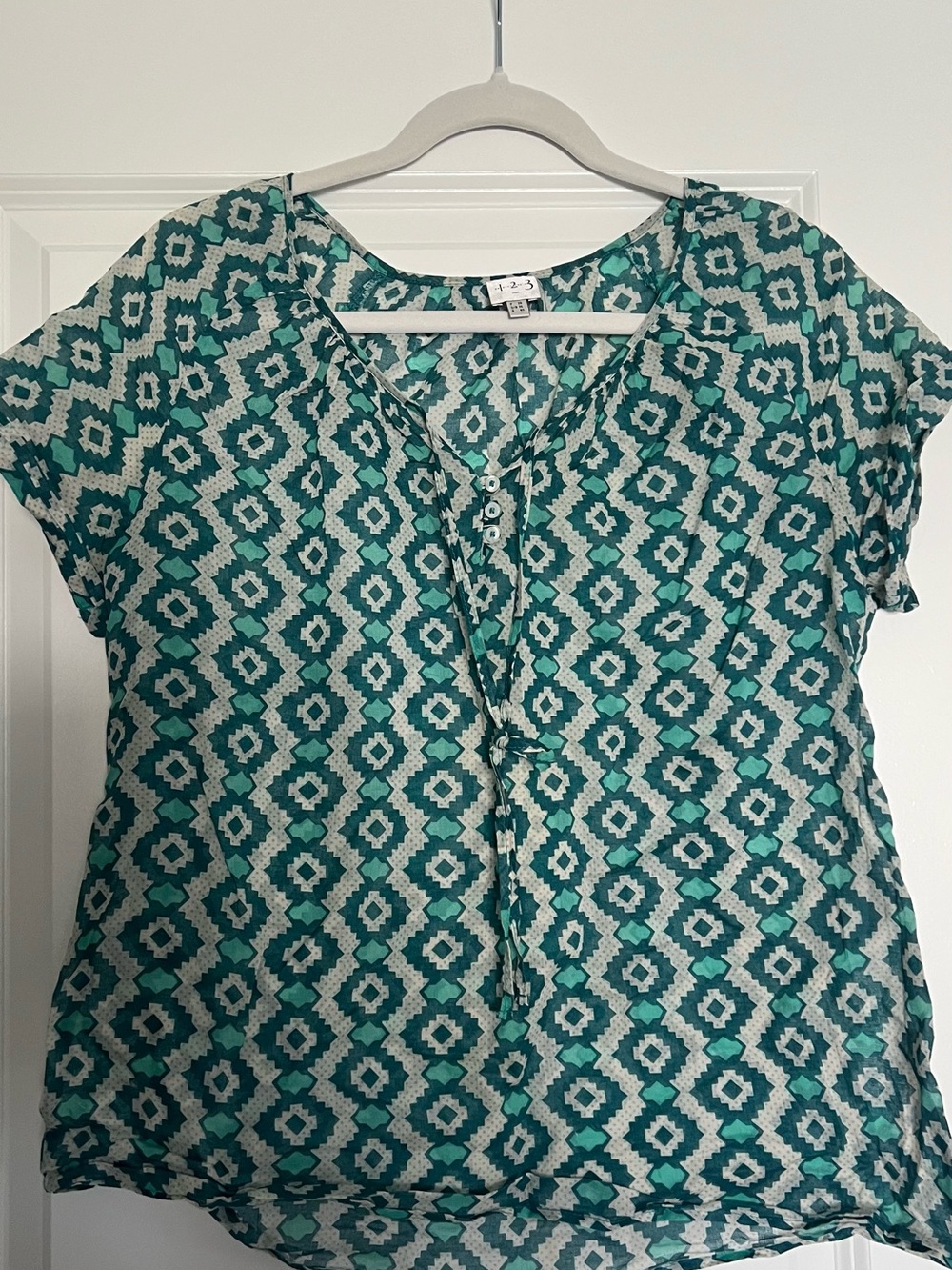 Un Deux Trois Teal and White Geometric Short Sleeve Blouse